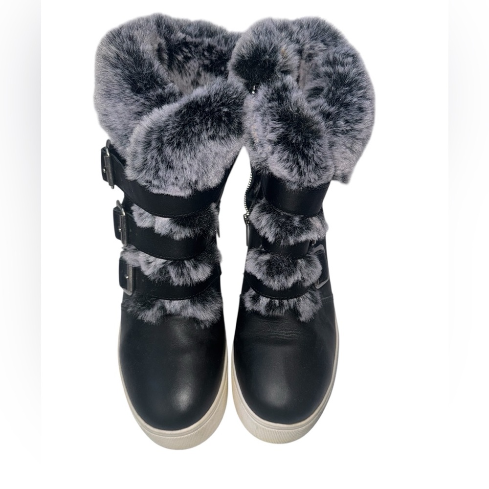 J/Slides Fur Trim Hidden Wedge Sneaker Boots Black Moto Buckle Size 8
